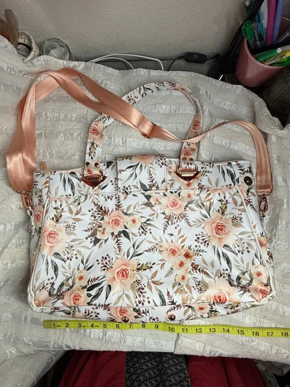 Queen & Beyond Rose Floral Faux Leather Diaper Bag Tote Rose Gold